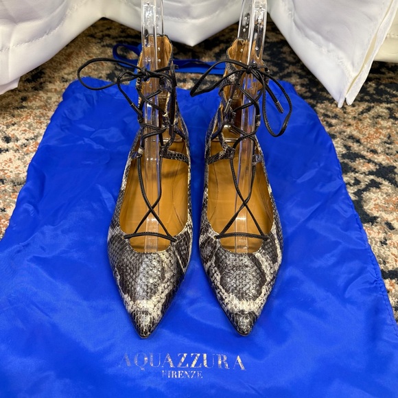 Aquazzura ‘Belgravia’ Two-Tone Snakeskin Ankle-Tie Flats Size 11 ASO Duchess Meg - Picture 2 of 16
